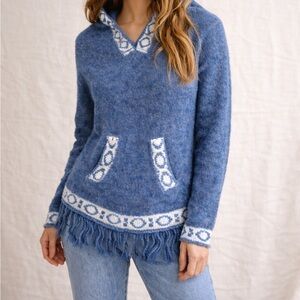 Alpaca Connection Blue Hooded Alpaca Wool Sweater Fringe Boho M